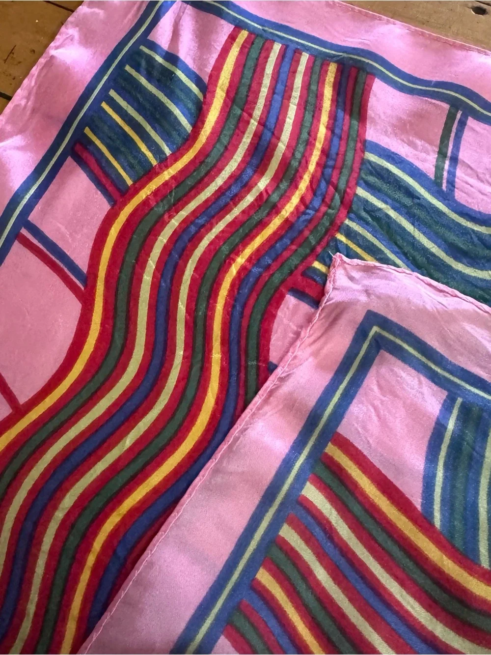 Vintage Pink Multicolor Wavy Stripe & Grid Silk Scarf
